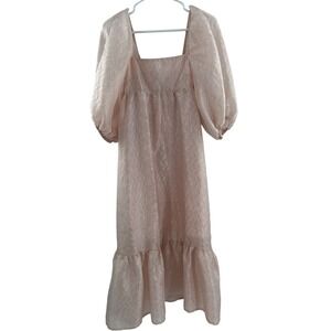 Anthropologie Smocked Puff Sleeve Midi Dress Pink Floral Jacquard XXS